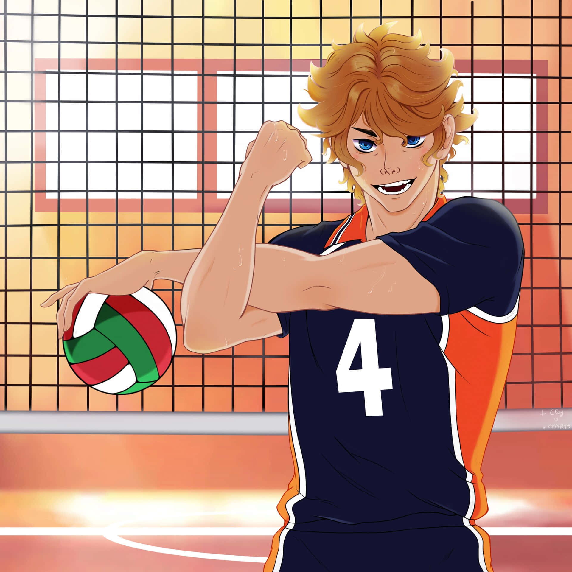 Haikyuu Fan Art 桌布 壁紙 — 一位開心的動漫排球選手，金髮藍眼，在體育館裡拿著球並彎曲手臂。