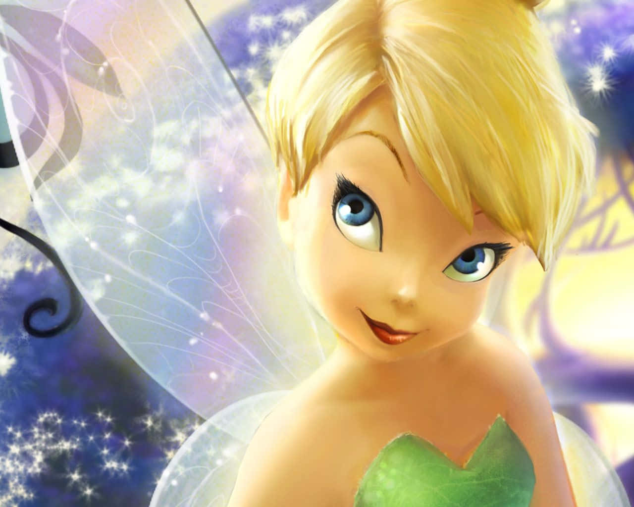 奇妙仙子 動圖 桌布 壁紙 — 一位開心的動畫仙子，金髮藍眼，在閃爍星星和發光翅膀中漂浮微笑。
