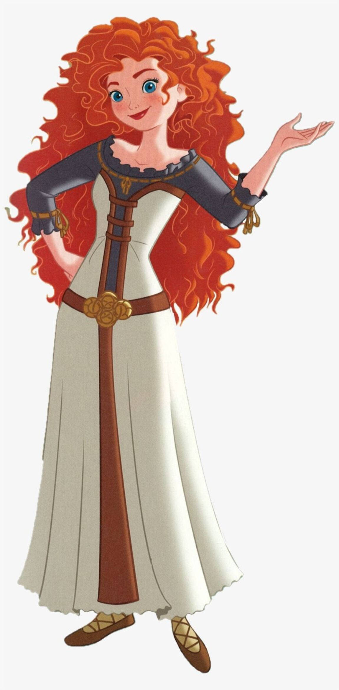 Merida 桌布 壁紙 — 一位開心的動畫公主，有著火紅的捲髮和白色長裙，一手叉腰，另一手伸出。