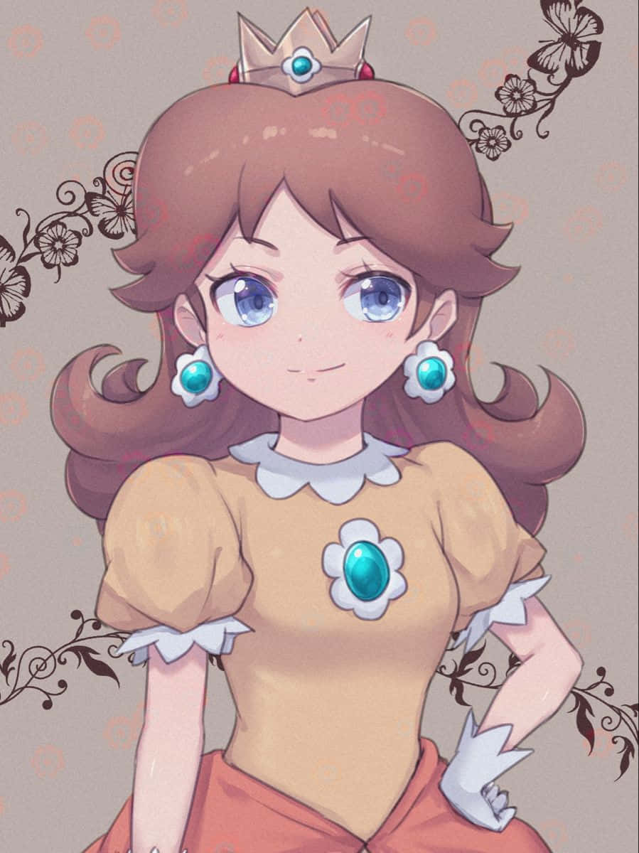 Princess Daisy 桌布 壁紙 — 一位開心的動畫公主，棕色頭髮、藍色眼睛，戴著皇冠，穿著帶有綠松石花卉點綴的黃色連衣裙微笑。
