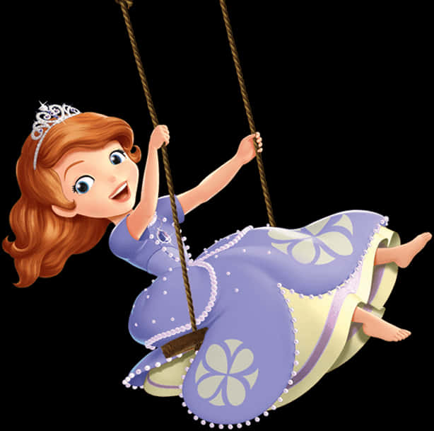 Sofia The First 桌布 壁紙 — 一位開心的動畫公主，紅頭髮戴著皇冠，穿著紫色和奶油色的花卉連衣裙，在繩索鞦韆上快樂地盪來盪去。