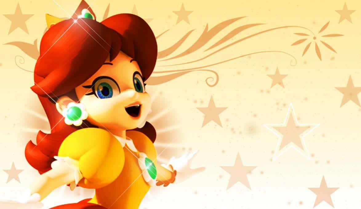 Princess Daisy 桌布 壁紙 — 一位開心的動畫公主，紅髮綠寶石，在金色星空背景下燦爛微笑。