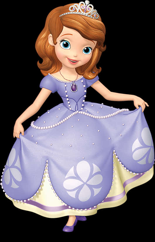 Sofia The First 桌布 壁紙 — 一位開心的動畫公主，紅髮藍眼，身穿帶有白色花卉圖案的薰衣草色長袍，頭戴鑲有寶石的頭冠。