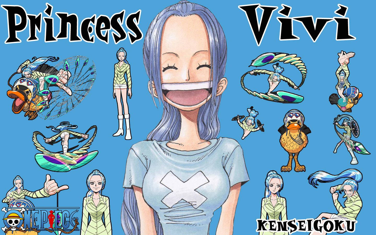nefertari vivi 桌布 壁紙 — 一位開心的動畫公主，紫色頭髮，咧嘴大笑，被她的各種姿勢和一隻鴨子吉祥物包圍，背景是明亮的藍色。