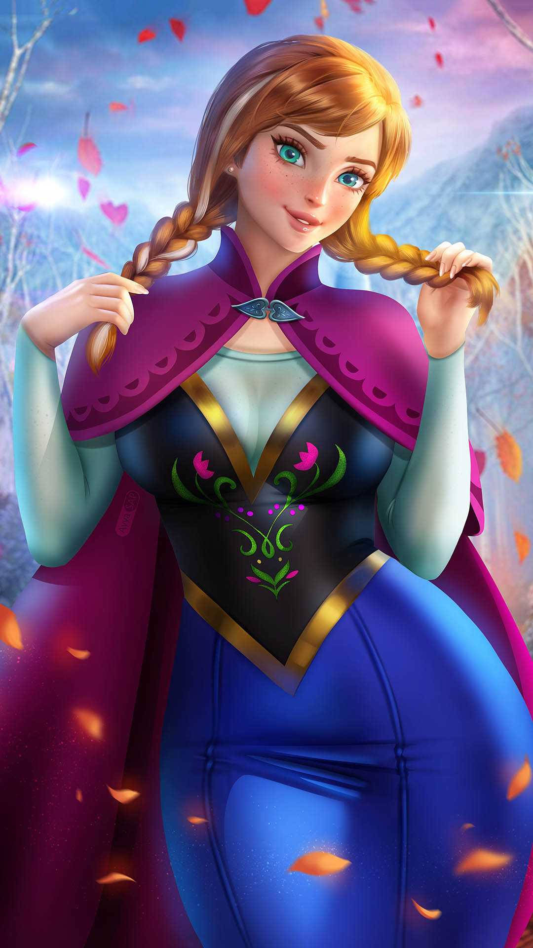 Princess 桌布 壁紙 — 一位開心的動畫公主，編著辮子，微笑著握住辮子，背景是雪山和飄落的秋葉。