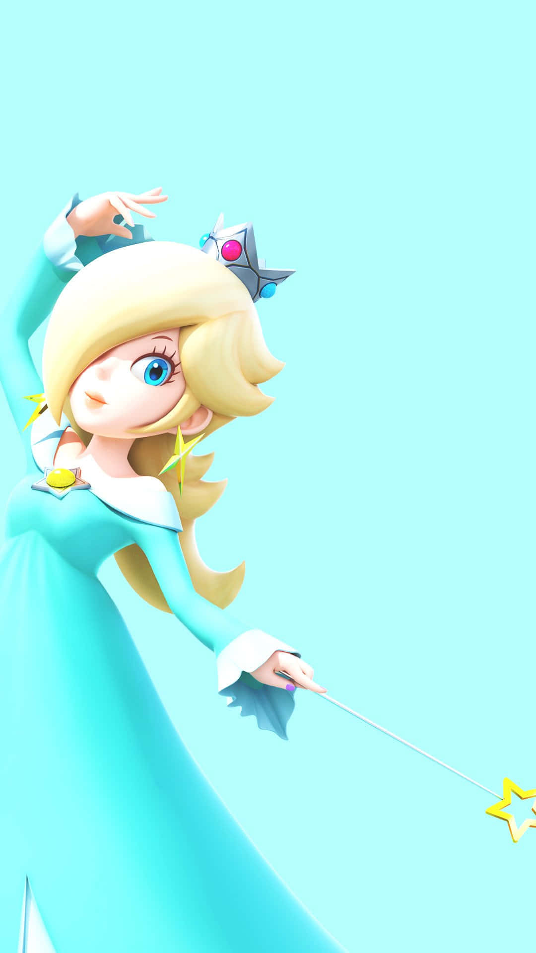 Princess Rosalina 桌布 壁紙 — 一位開心的動畫公主穿著飄逸的藍綠色長袍，在純淺藍色背景前揮舞著星形魔杖。