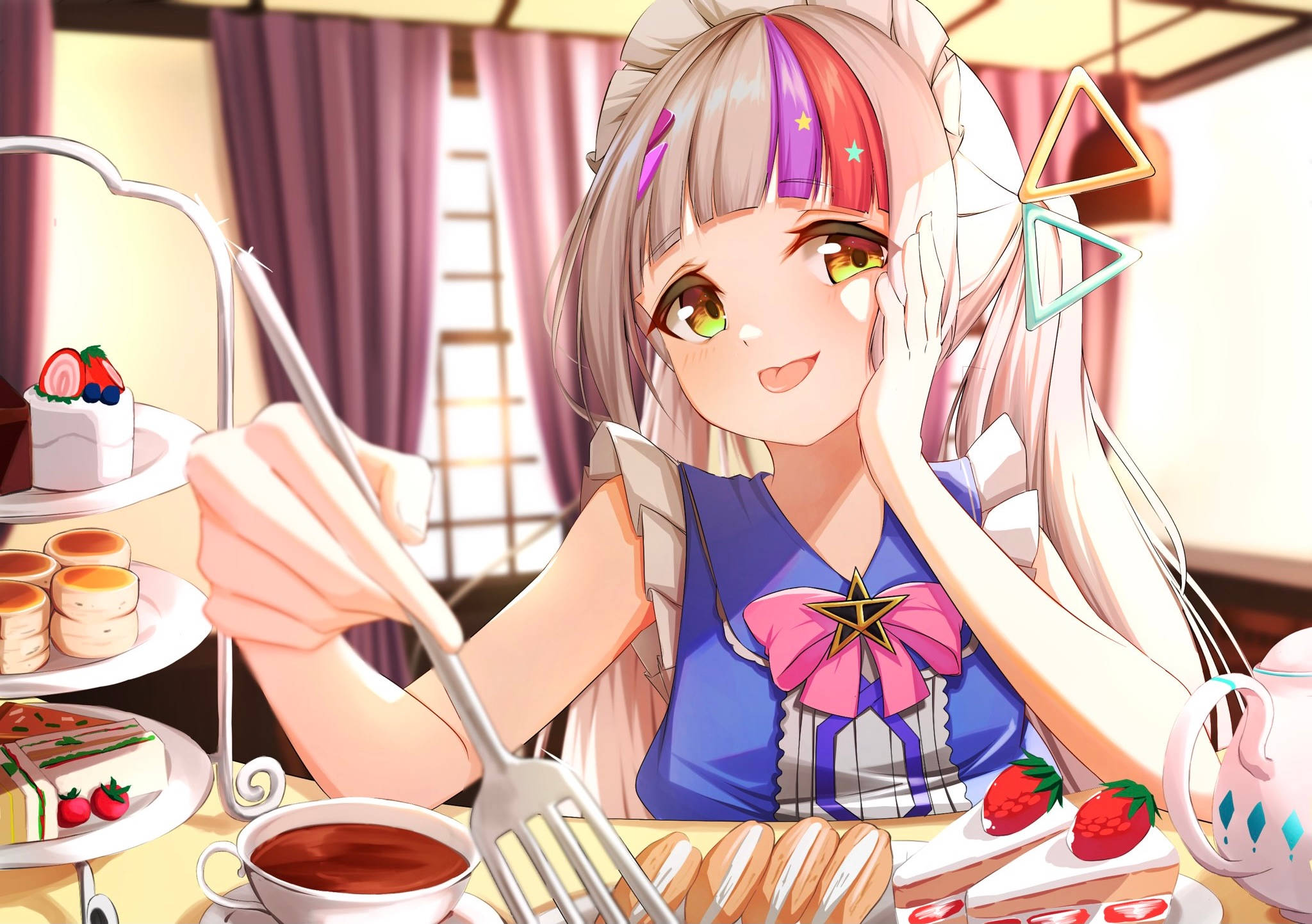 Hololive 桌布 壁紙 — 一位開心的動畫女孩，擁有色彩繽紛的頭髮，在舒適的房間裡享受豪華的茶會，品嚐糕點和蛋糕。