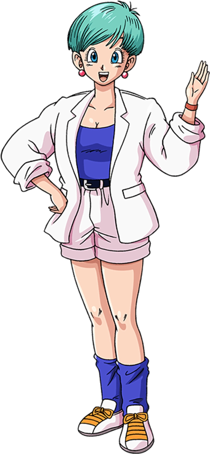 Dragon Ball Z Characters 桌布 壁紙 — 一位開心的動畫女孩，擁有青綠色頭髮，穿著白色西裝外套、粉紅色短褲和藍色靴子，正在揮手。