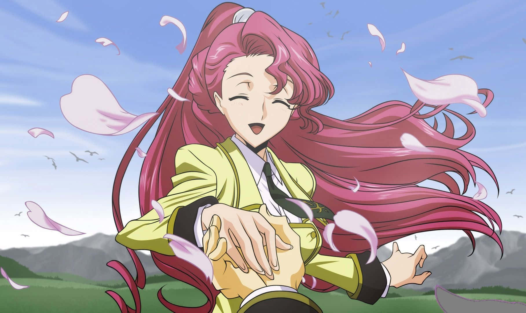 Euphemia Li Britannia 桌布 壁紙 — 一位開心的動畫女孩，擁有飄逸的粉紅色頭髮和黃色外套，在明亮的藍天下，櫻花花瓣在她周圍旋轉，她開懷大笑。