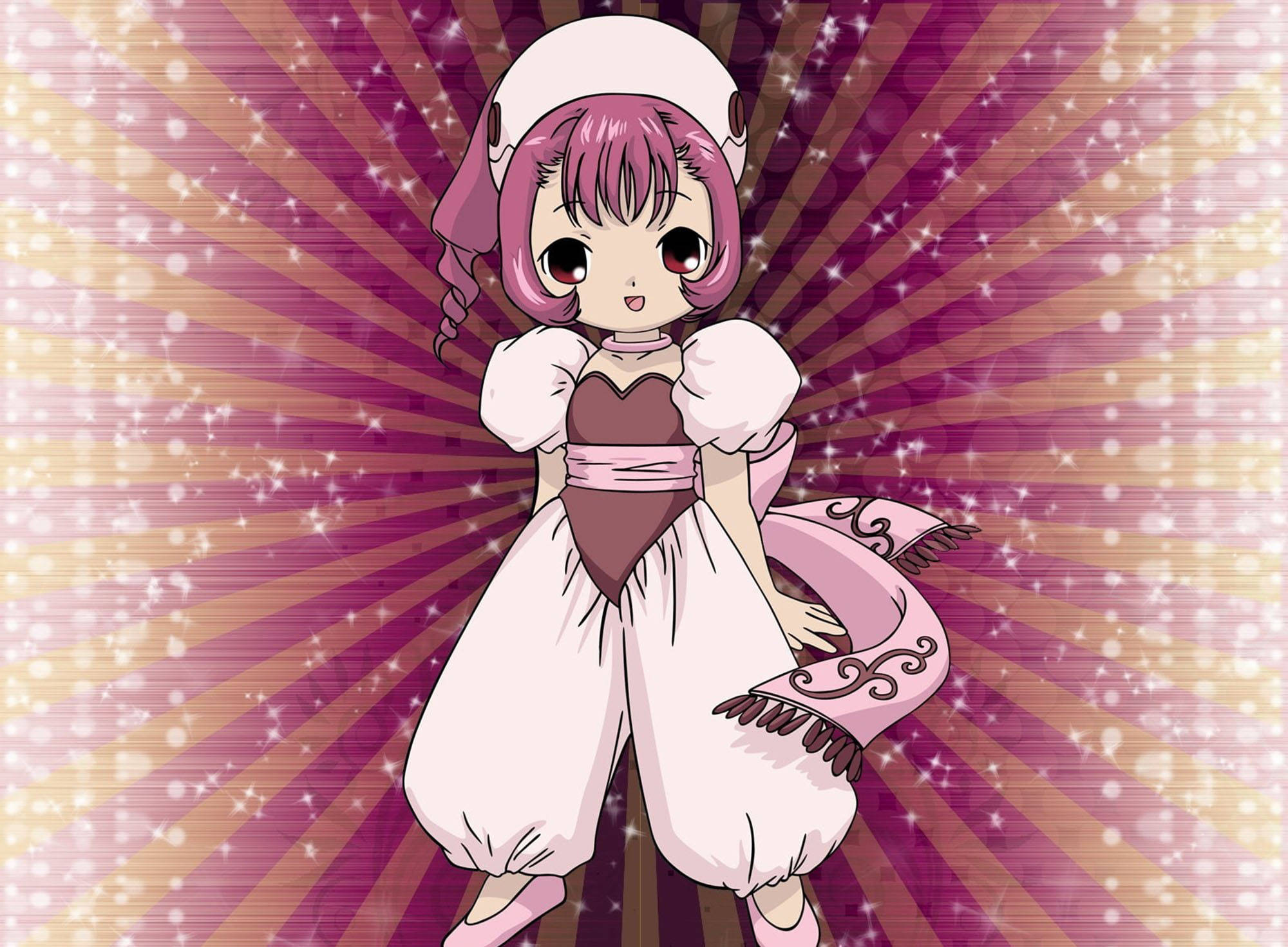 Chobits 桌布 壁紙 — 一位開心的動畫女孩，粉紅色頭髮，戴著護士帽，站在紫色和金色的放射狀星爆背景前。