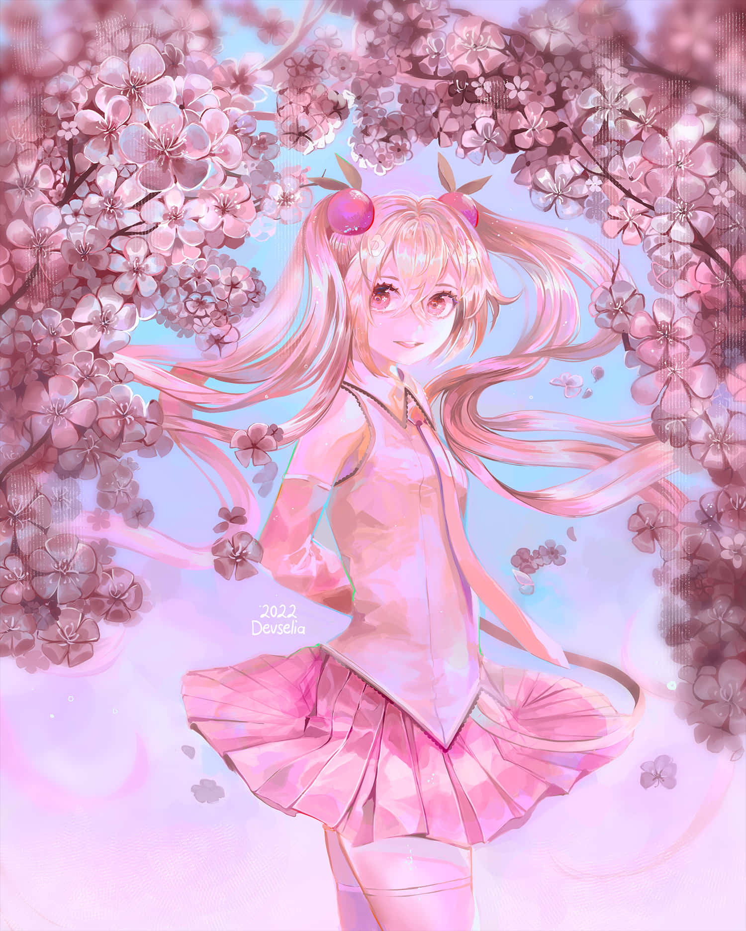 Sakura Miku 桌布 壁紙 — 一位開心的動畫女孩，粉紅色頭髮和櫻花飾品，在盛開的粉紅色櫻花樹下跳舞。