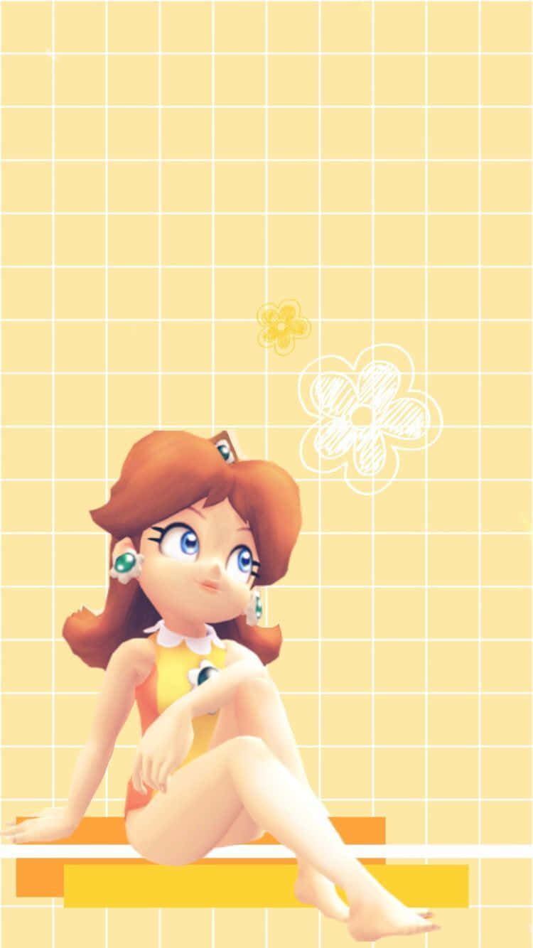 Princess Daisy 桌布 壁紙 — 一位開心的動畫女孩，紅髮綠耳環，坐在黃色長椅上，背景是網格圖案和漂浮的花朵。
