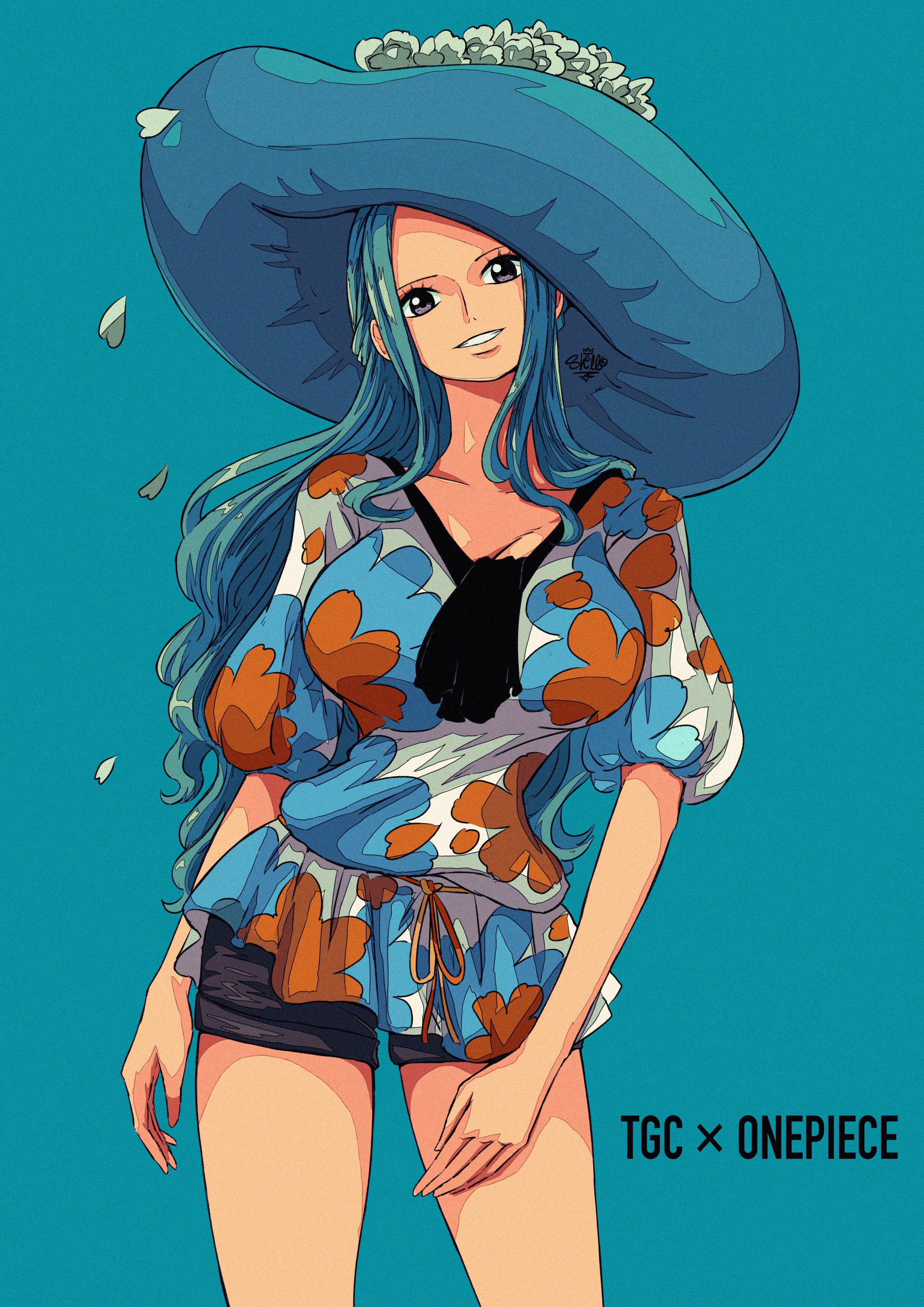 nefertari vivi 桌布 壁紙 — 一位開心的動畫女孩，藍色頭髮戴著大藍帽，穿著花卉上衣，在青綠色背景前微笑。