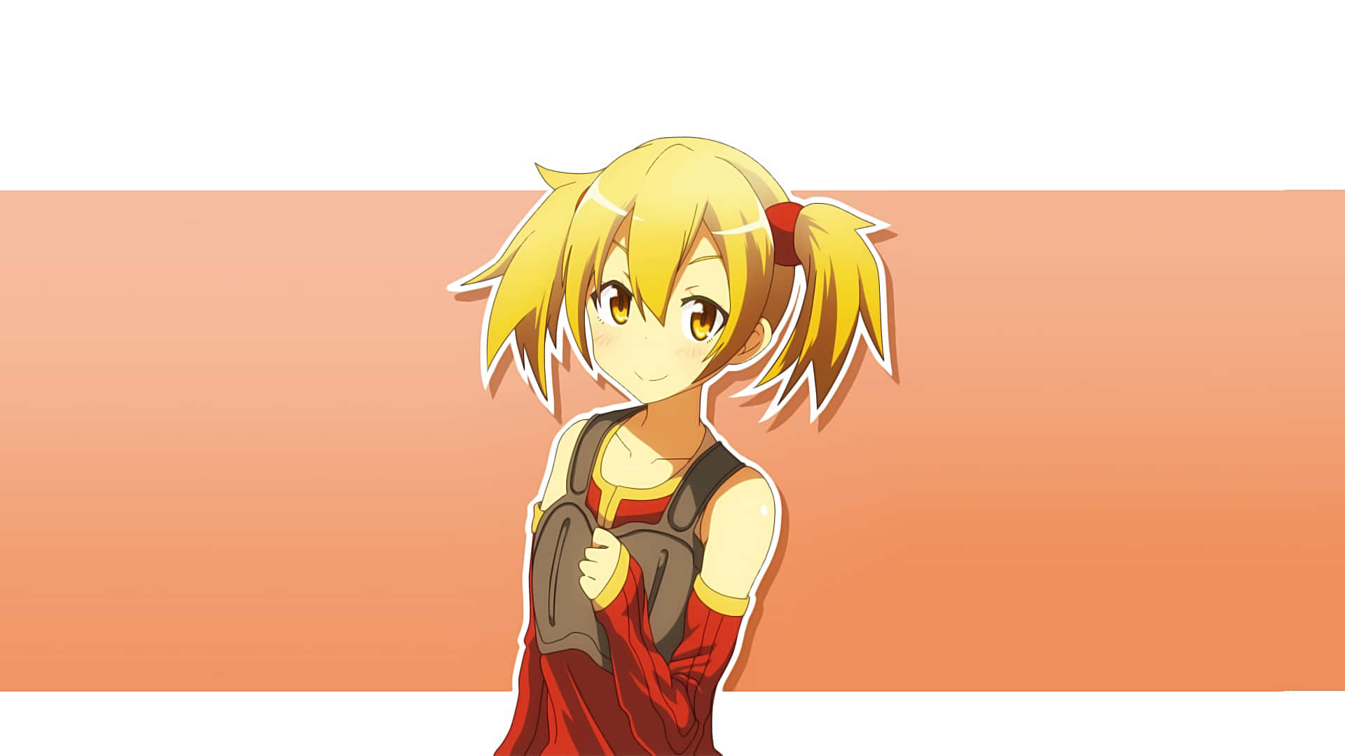 Sword Art Online Silica 桌布 壁紙 — 一位開心的動畫女孩，金色雙馬尾和紅色服裝，在溫暖的橙色漸變背景上微笑。