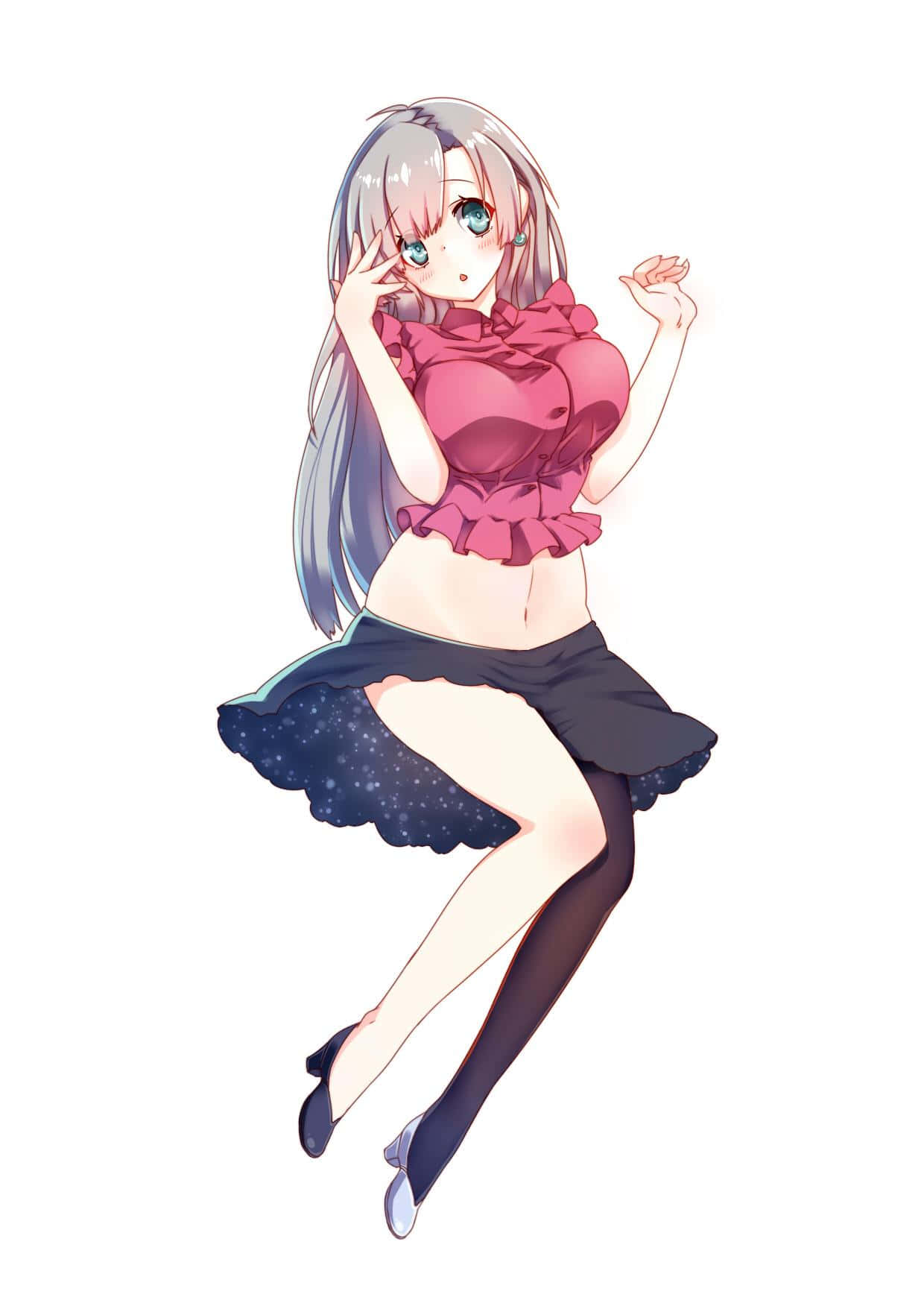 Seven Deadly Sins Elizabeth Liones 桌布 壁紙 — 一位開心的動畫女孩，銀色頭髮和藍色眼睛，穿著粉紅色上衣和星星裙，在純白色背景前跳舞。