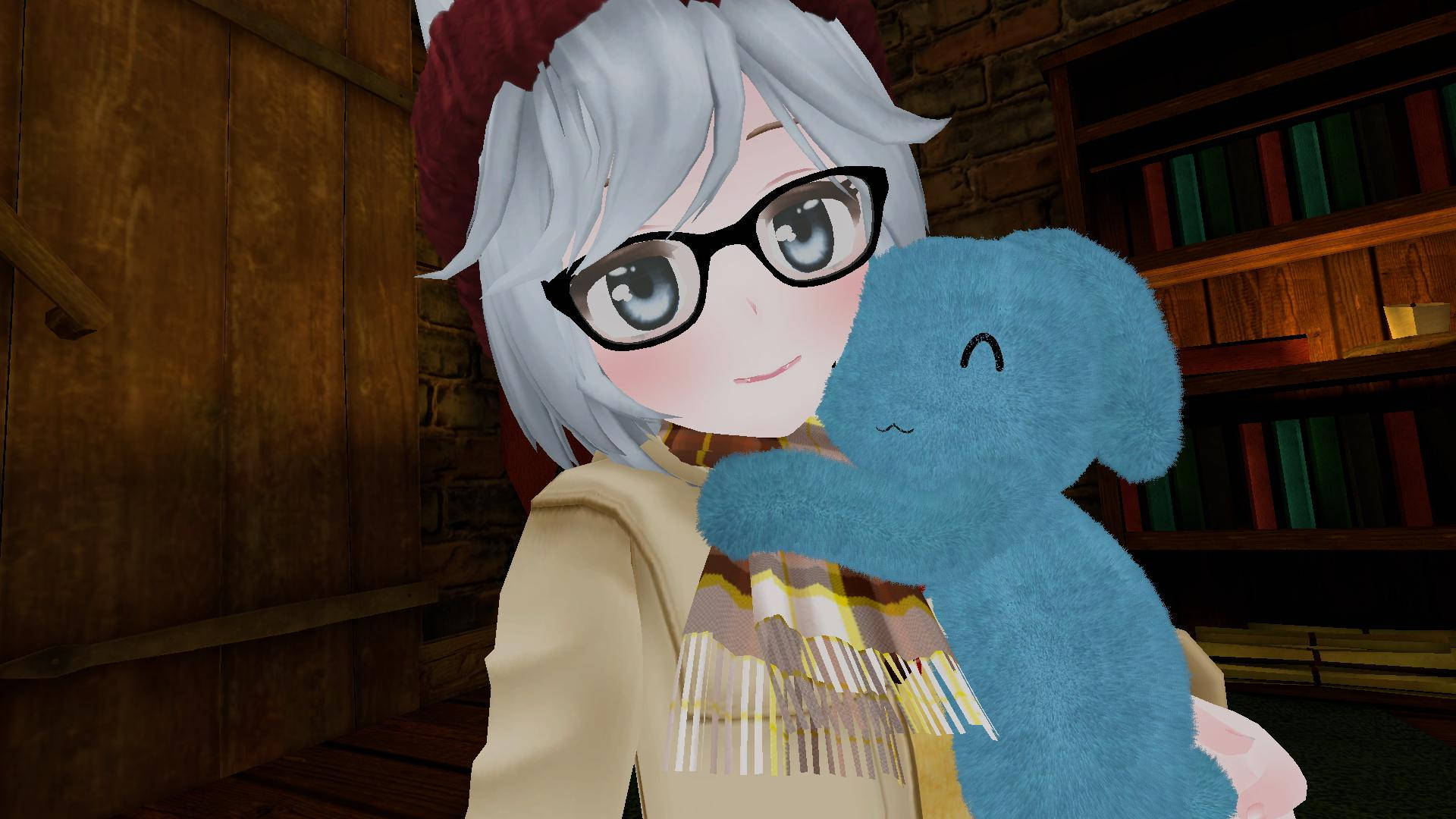 Vrchat 桌布 壁紙 — 一位開心的動畫女孩，銀色頭髮戴眼鏡，在舒適的木製圖書館裡抱著藍色毛絨大象。