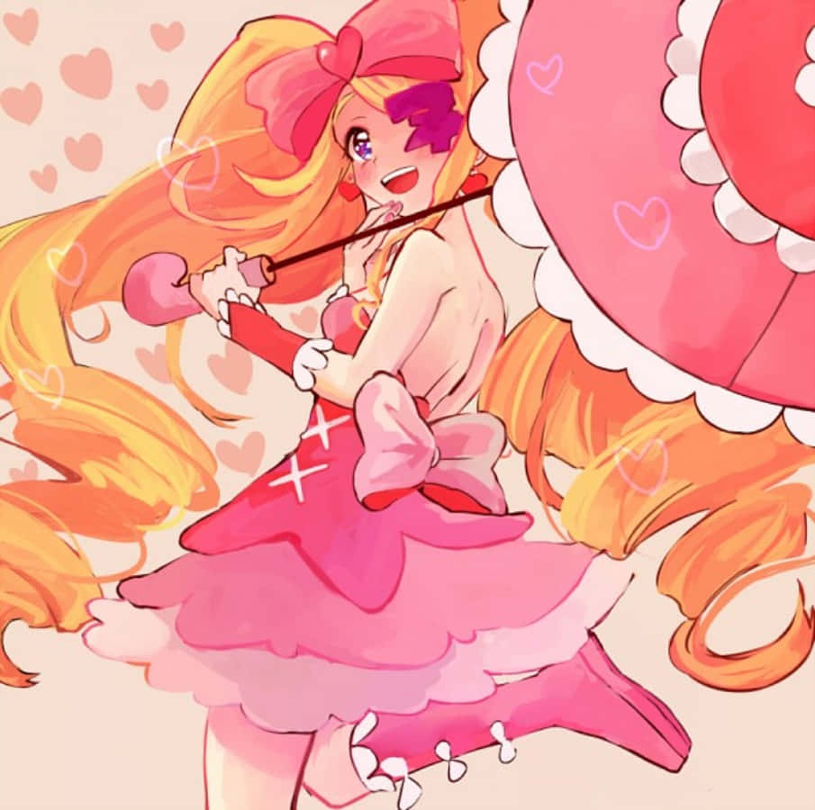 Nui Harime 桌布 壁紙 — 一位開心的動畫女孩，長著橙色長髮，穿著粉紅色連衣裙，在飄浮的心形中拿著一個巨大的粉紅色心形雨傘。