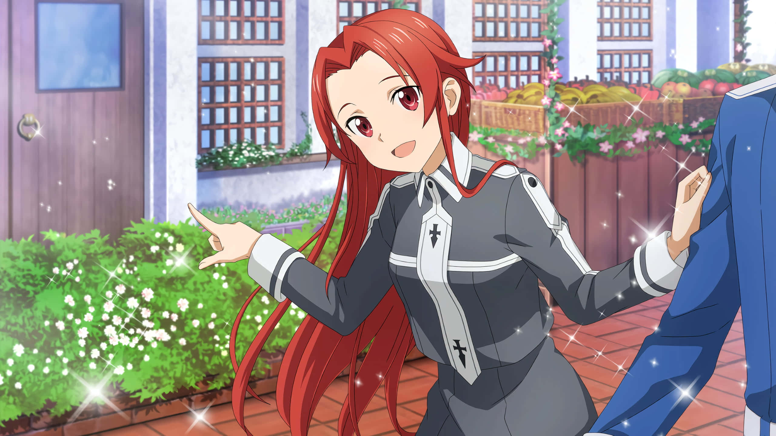 Tiese Schtrinen 桌布 壁紙 — 一位開心的動畫女孩，長長紅髮，身穿灰色制服，興奮地指著木門旁邊的白花園。