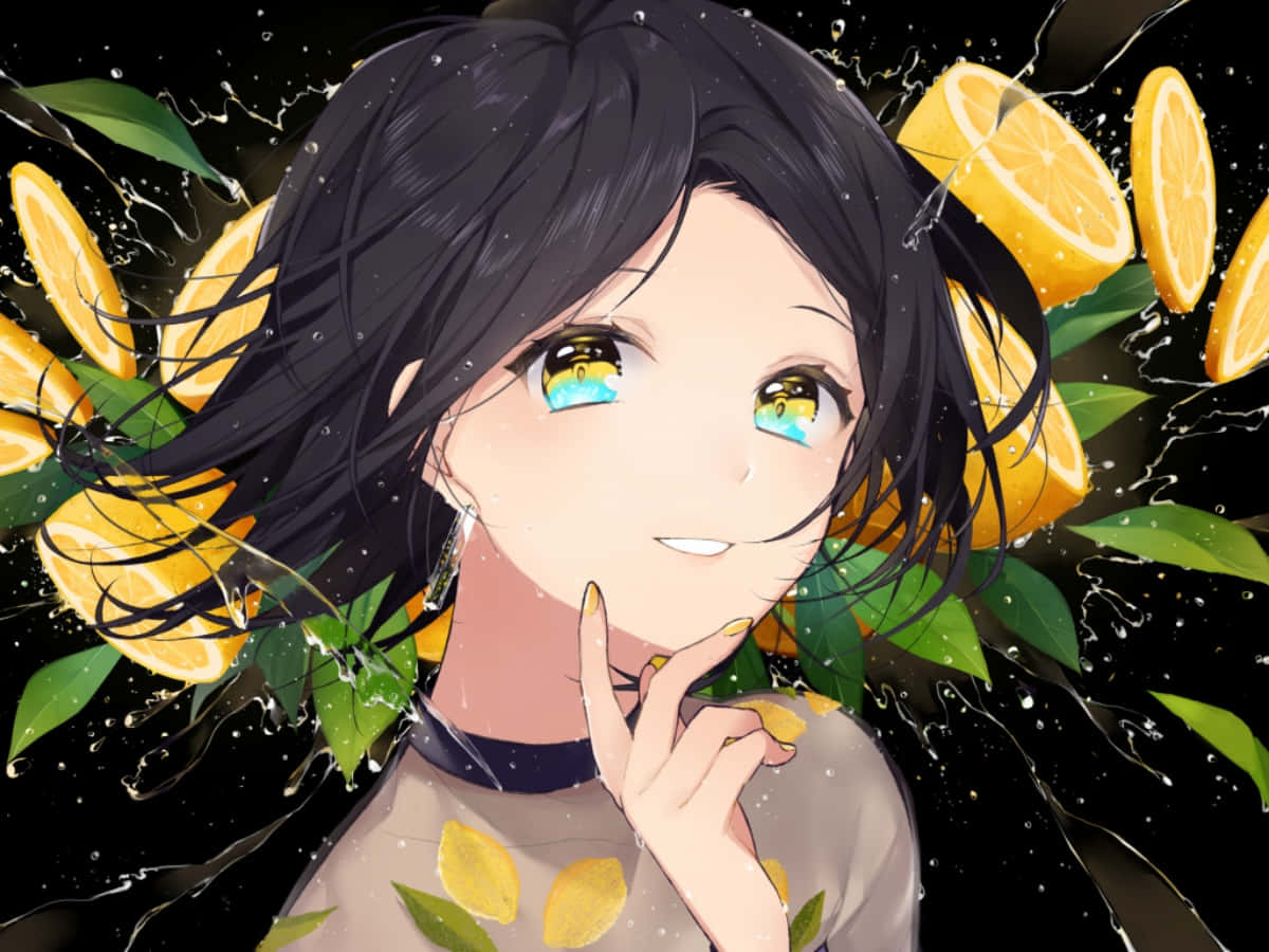 可愛動漫 桌布 壁紙 — 一位開心的動畫女孩，黑髮黃眼，在黑暗背景中，於飛舞的檸檬片和綠葉間微笑。