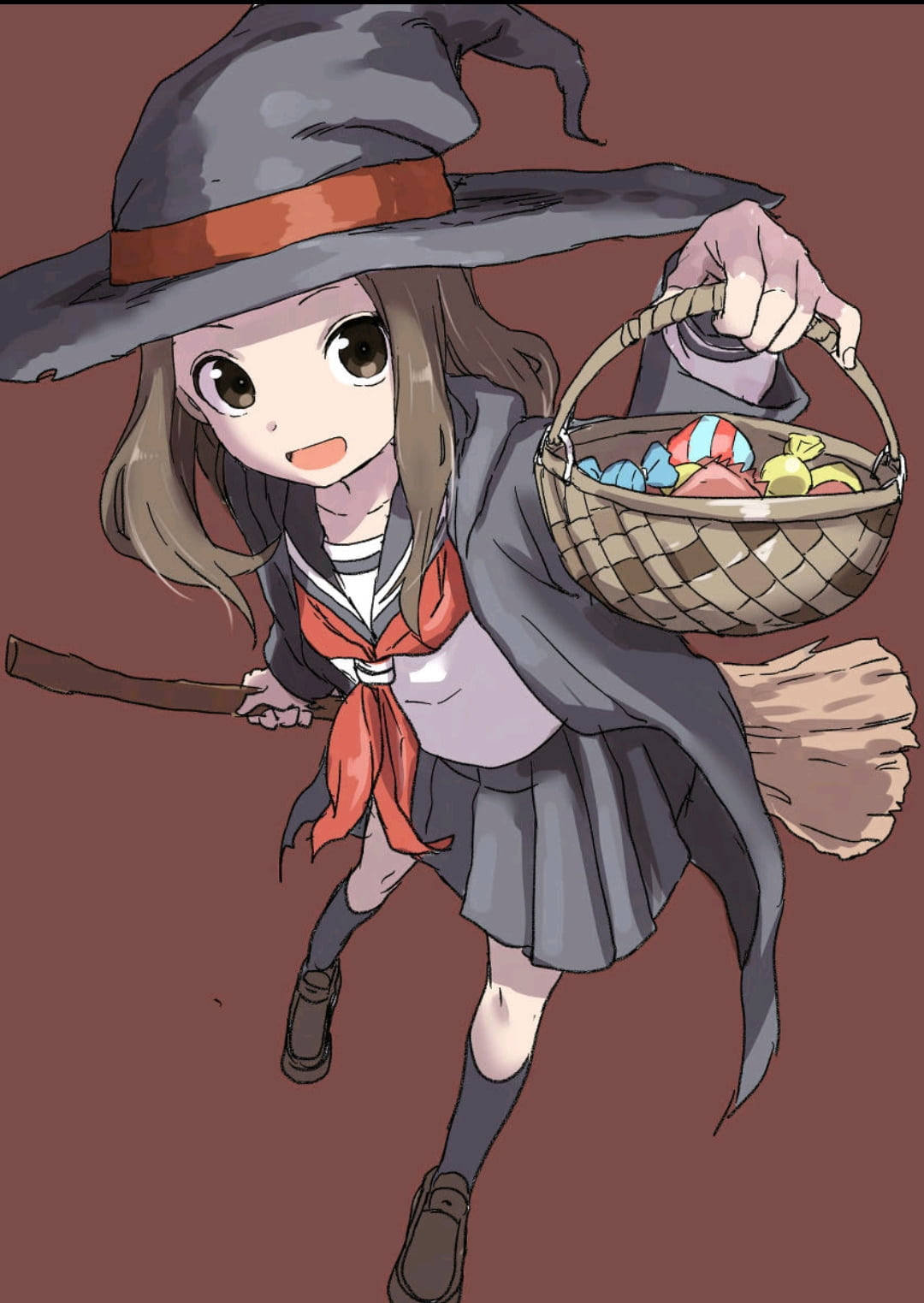 動畫女巫穿著校服，騎著掃帚飛翔，帶著一籃糖果。 — 萬聖節動圖 壁紙