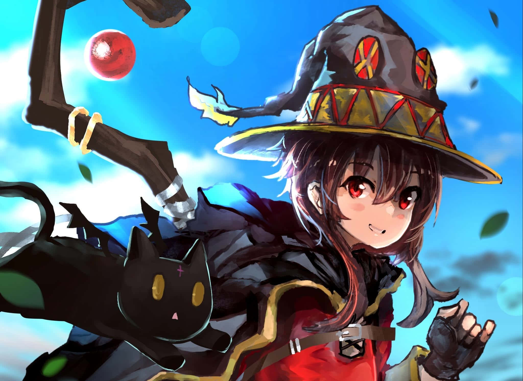 Konosuba 桌布 壁紙 — 一位開心的動畫女巫，紅眼睛，有一隻黑貓同伴，揮舞著法杖，背景是明亮的藍天，有漂浮的樹葉和一個紅色球體。