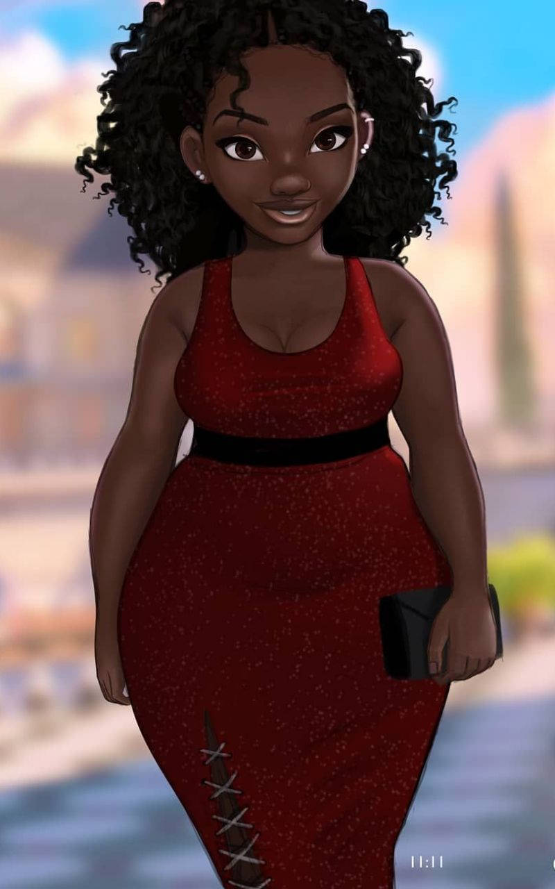 Black Girl 桌布 壁紙 — 一位開心的動畫女性，黑色捲曲頭髮，穿著帶有繫帶細節的紅色連衣裙，手持手拿包，背景是模糊的城市海濱。