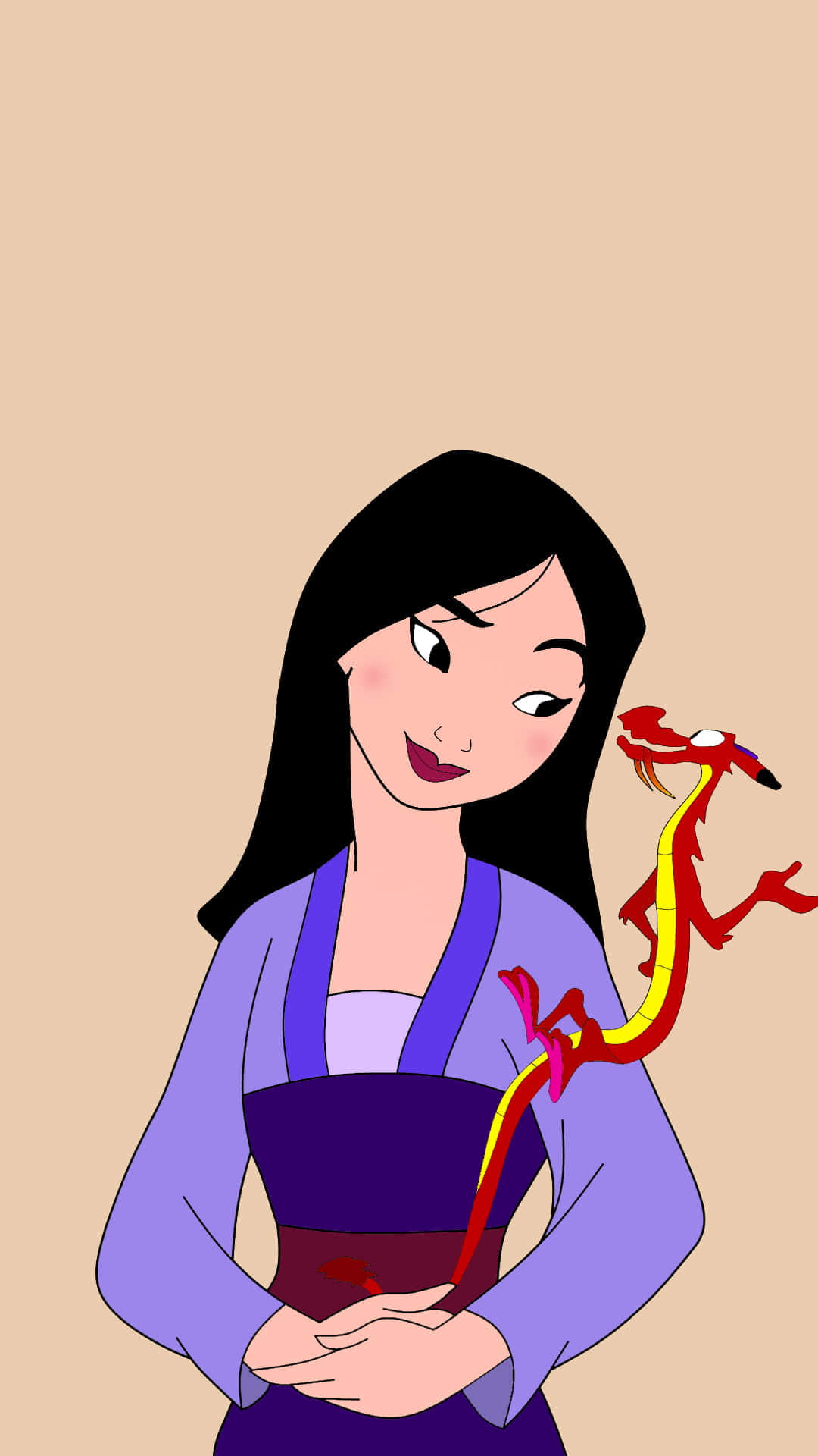 Disney Profile 桌布 壁紙 — 一位開心的動畫女性穿著紫色長袍微笑，一條紅黃色的龍頑皮地蜷縮在她旁邊，背景是米色。
