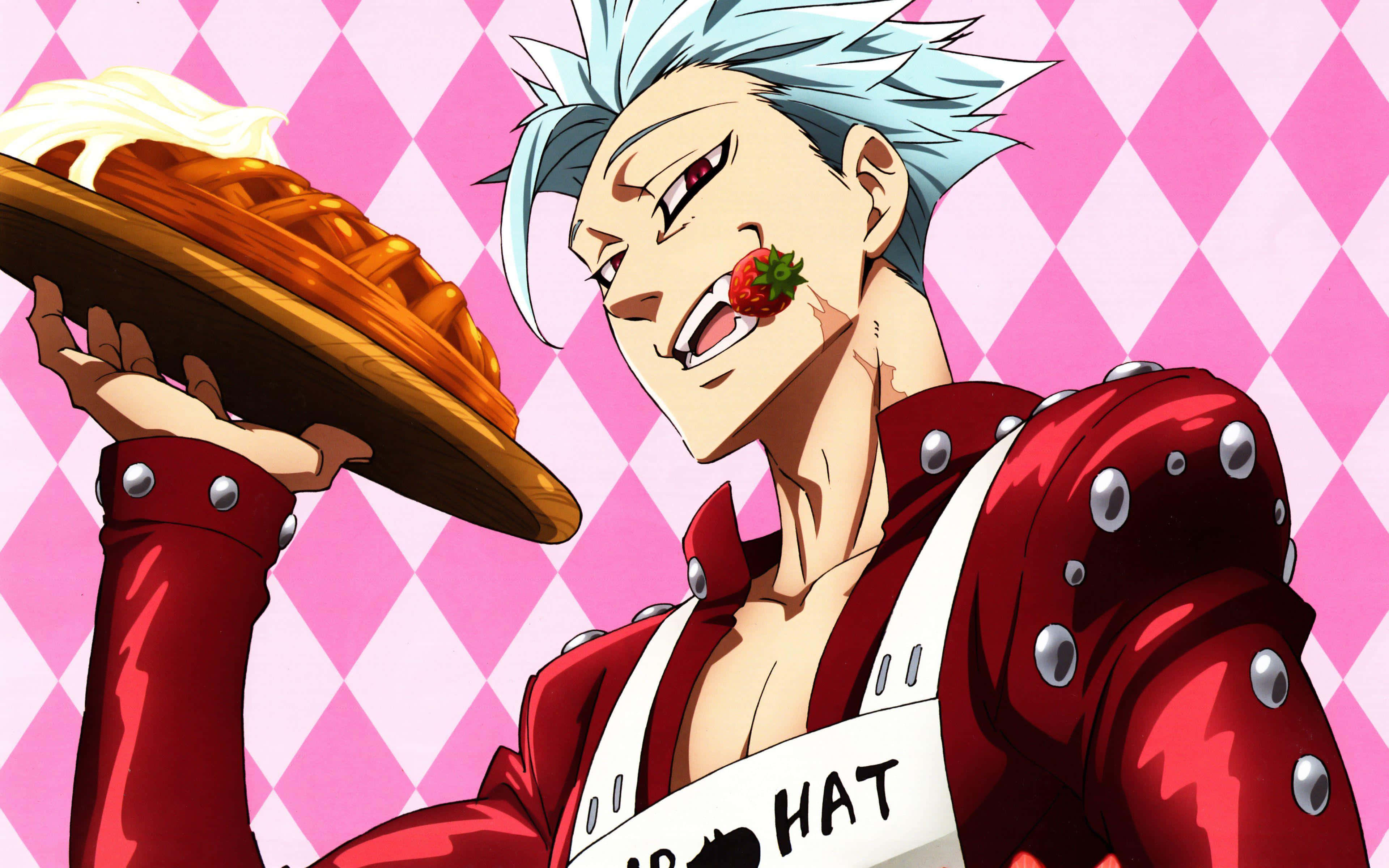 Seven Deadly Sins Ban 桌布 壁紙 — 一位開心的動畫廚師，有著尖刺的藍色頭髮，在粉紅色鑽石背景前拿著一個頂部有鮮奶油的黃金鬆餅。