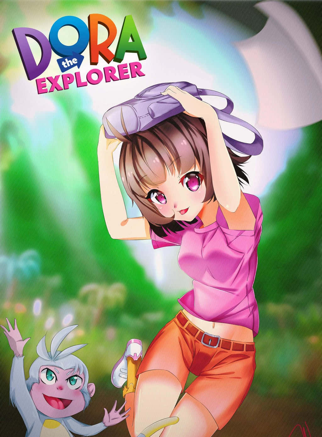 Dora 桌布 壁紙 — 一位開心的動畫探險女孩，穿著粉紅色襯衫和橙色短褲，將相機高舉過頭，旁邊有一隻猴子同伴在揮手。