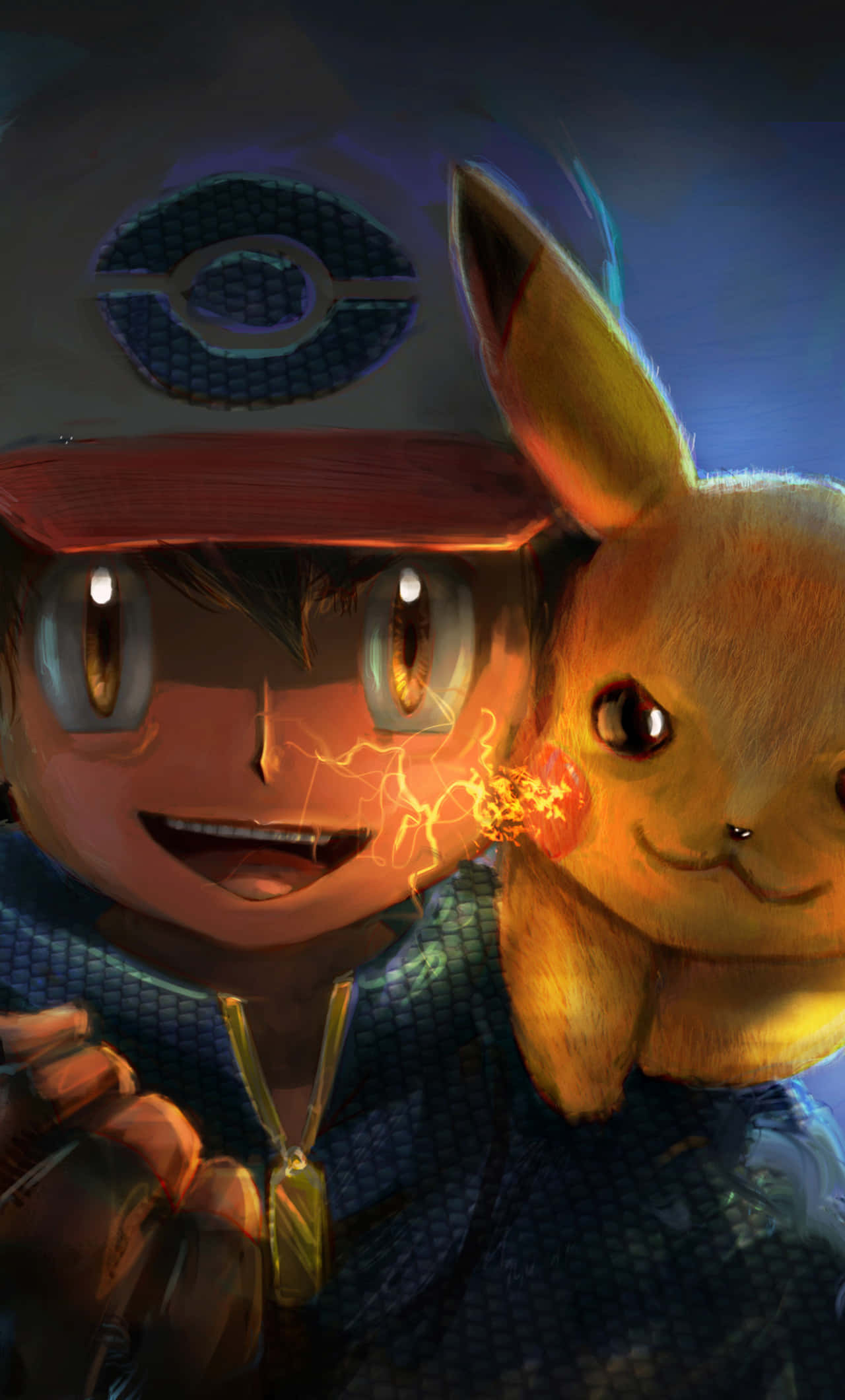 Ash And Pikachu 桌布 壁紙 — 一位開心的動畫訓練家和他的電屬性寶可夢皮卡丘在黑暗的天空下分享溫暖發光的時刻。