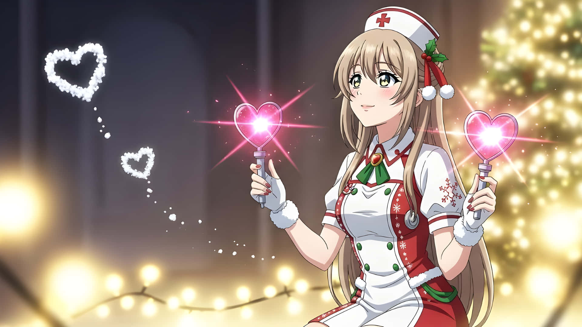 Cute Anime Nurse with Heart Wands Christmas 壁紙 — 一位開心的動畫護士穿著節日服裝，手持發光的心形魔杖，背景是閃爍的聖誕燈飾和飄落的雪花。