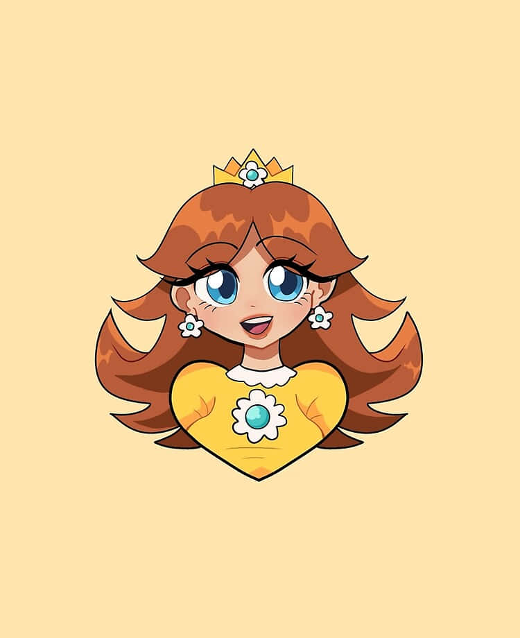 Princess Daisy 桌布 壁紙 — 一位開心的卡通公主，棕色頭髮、藍色眼睛，穿著黃色心形連衣裙，在柔和的米色背景上微笑。
