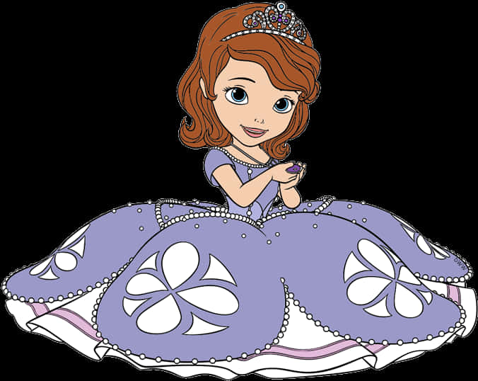 Sofia The First 桌布 壁紙 — 一位開心的卡通公主，紅髮，穿著飾有白色花卉圖案和珍珠的紫色長袍。