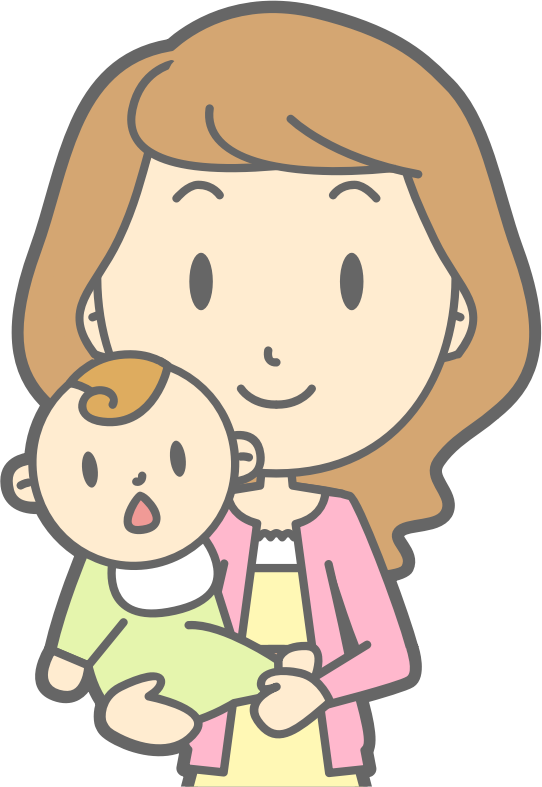 babies 桌布 壁紙 — 一位開心的卡通女性，棕色頭髮，抱著一個穿著綠色衣服、表情驚訝的嬰兒，背景是純色。