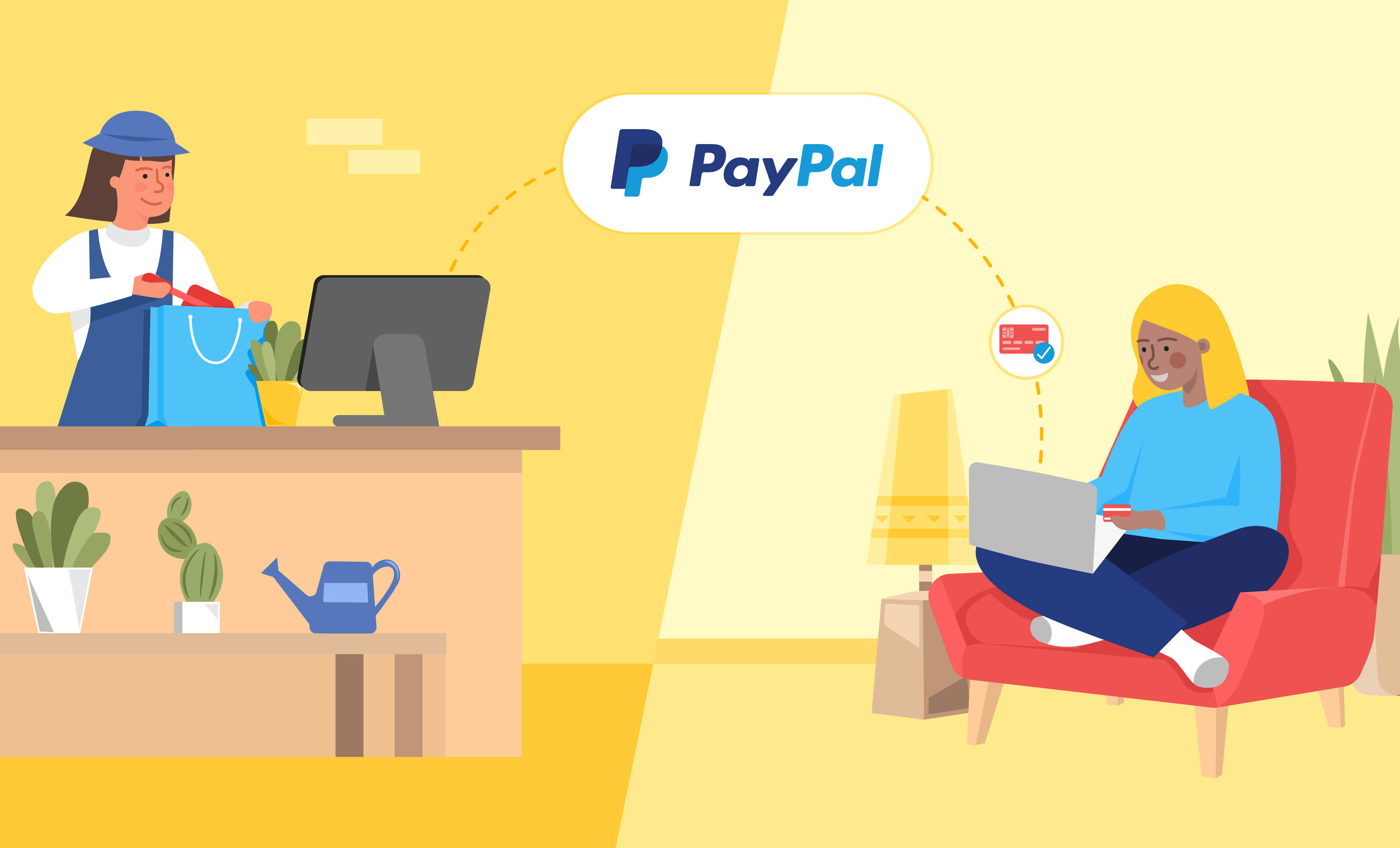 PayPal 桌布 壁紙 — 一位開心的卡通女性在商店櫃檯將一個袋子遞給一位在家中透過PayPal在筆記型電腦上付款的顧客。