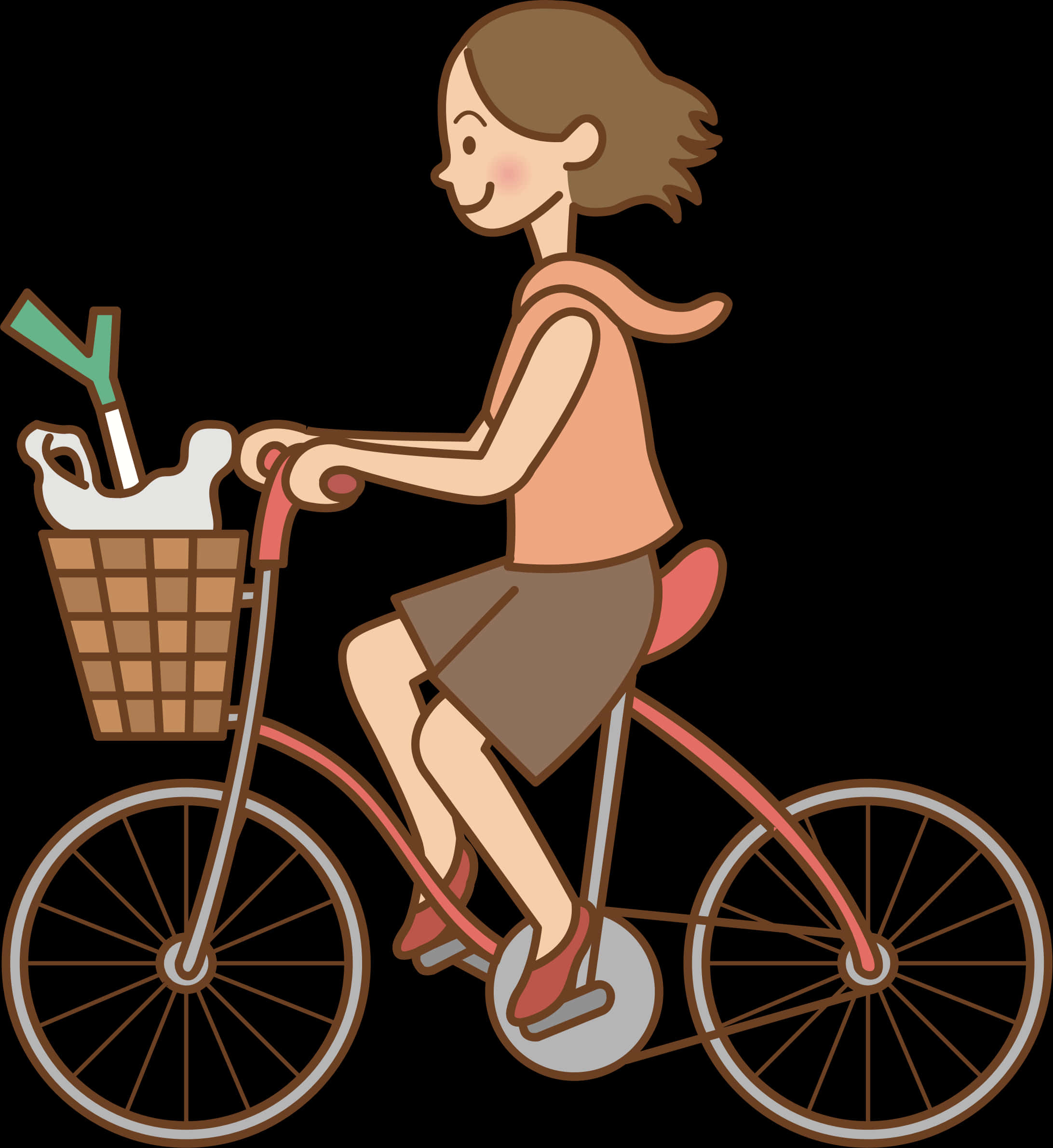 腳踏車 桌布 壁紙 — 一位開心的卡通女性騎著粉紅色自行車，車籃裡有一隻白色狗和一把綠色雨傘。