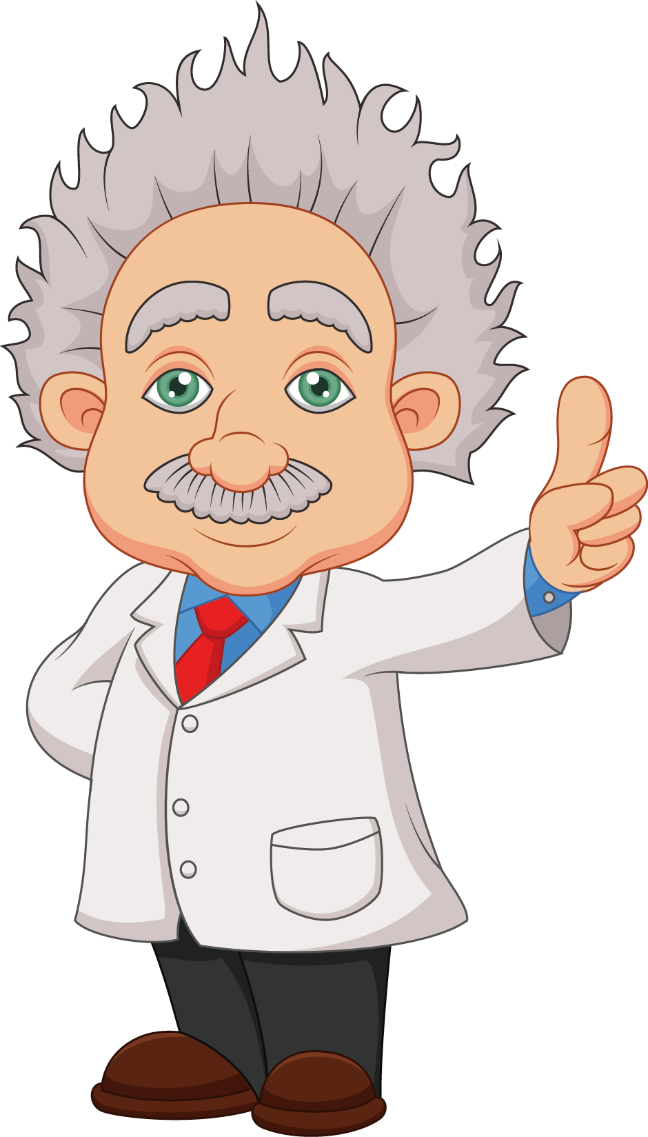 Scientist 桌布 壁紙 — 一位開心的卡通科學家，有著凌亂的灰白頭髮和綠色眼睛，穿著白色實驗室外套豎起大拇指。