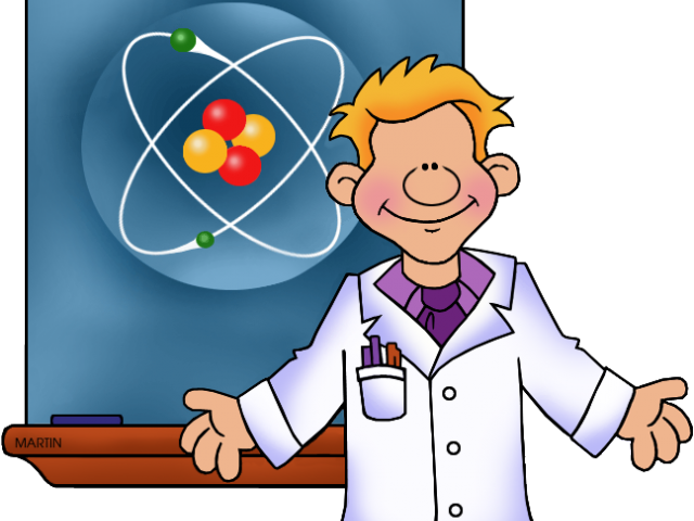 科學 桌布 壁紙 — 一位開心的卡通科學家穿著白色實驗袍，自豪地站在藍色黑板前，旁邊是一個發光的原子模型。