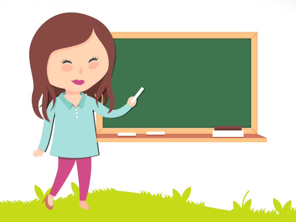 teachers 桌布 壁紙 — 一位開心的卡通老師，棕色頭髮，在草地上拿著粉筆靠近綠色黑板。