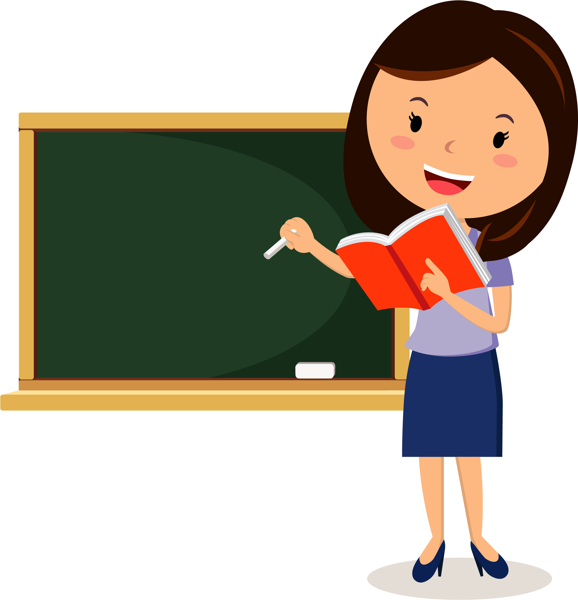 Teacher Clipart 桌布 壁紙 — 一位開心的卡通老師在教室裡拿著一本紅書和粉筆，旁邊有一塊綠色黑板。