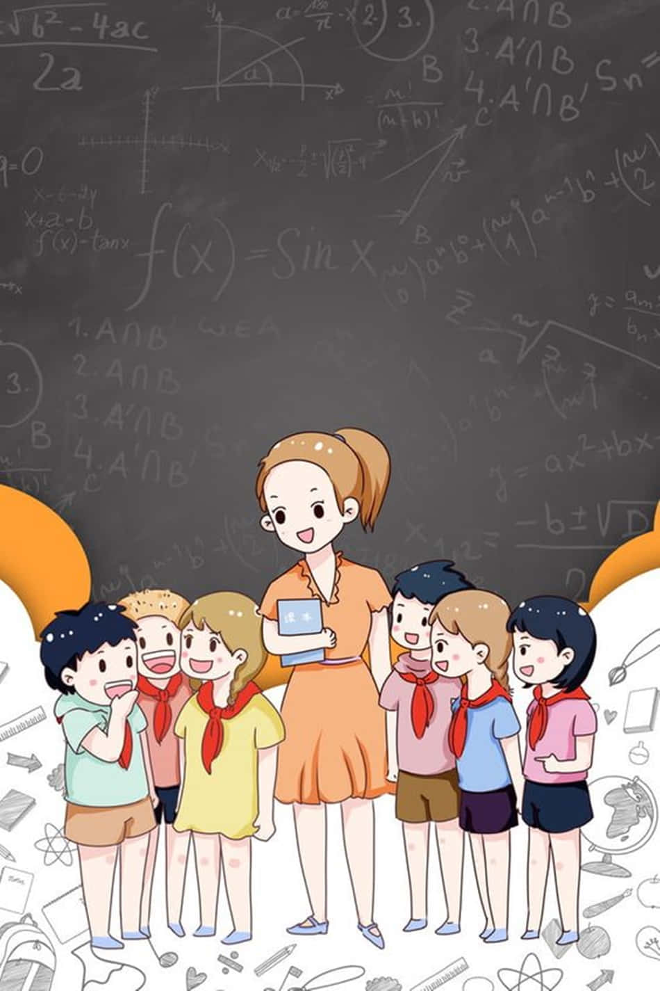 teachers 桌布 壁紙 — 一位開心的卡通老師與戴紅領巾的學生站在充滿數學方程式和圖表的黑板前。