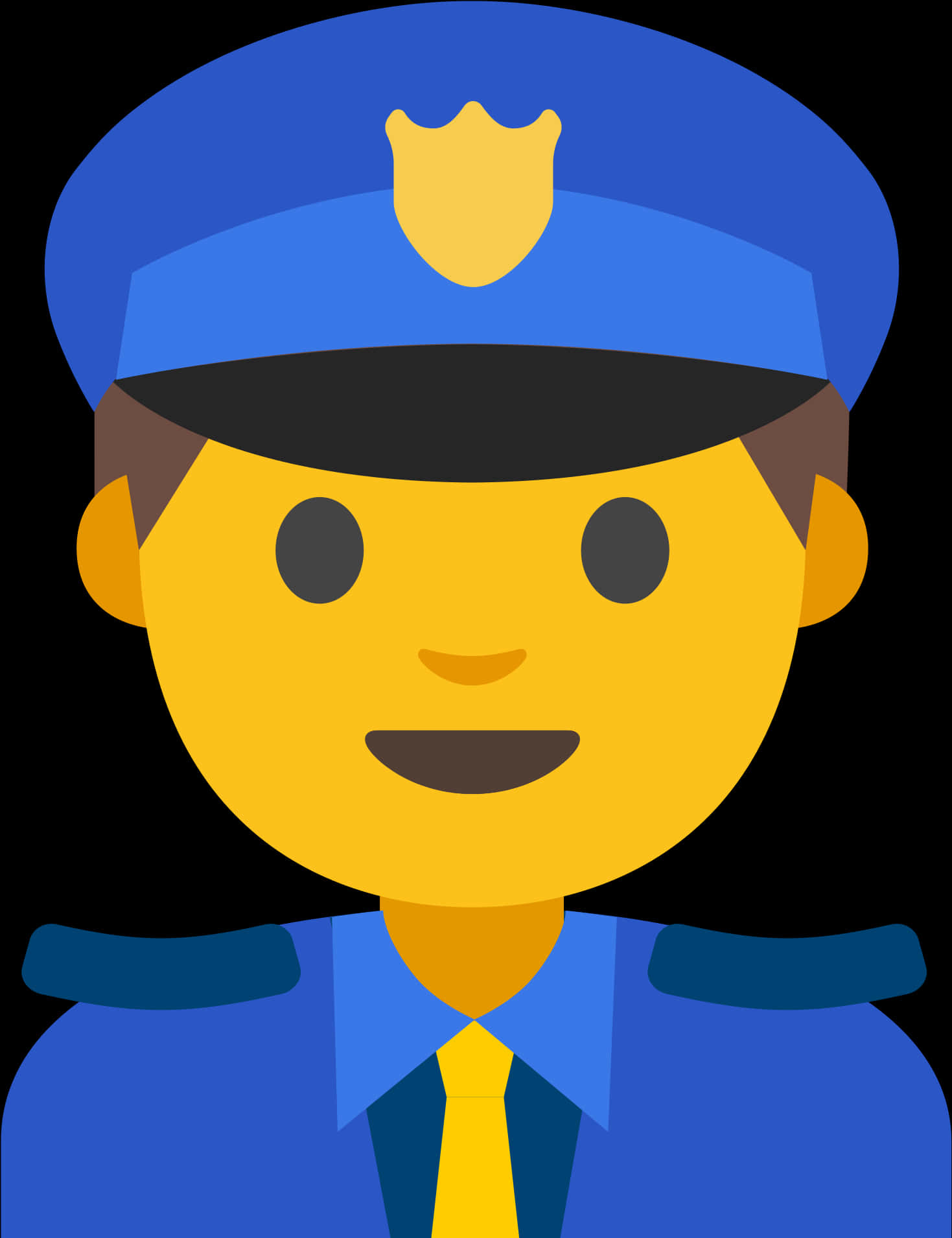 警察 桌布 壁紙 — 一位開心的卡通警察，穿著藍色制服、黃色領帶，帽子上有盾牌徽章。