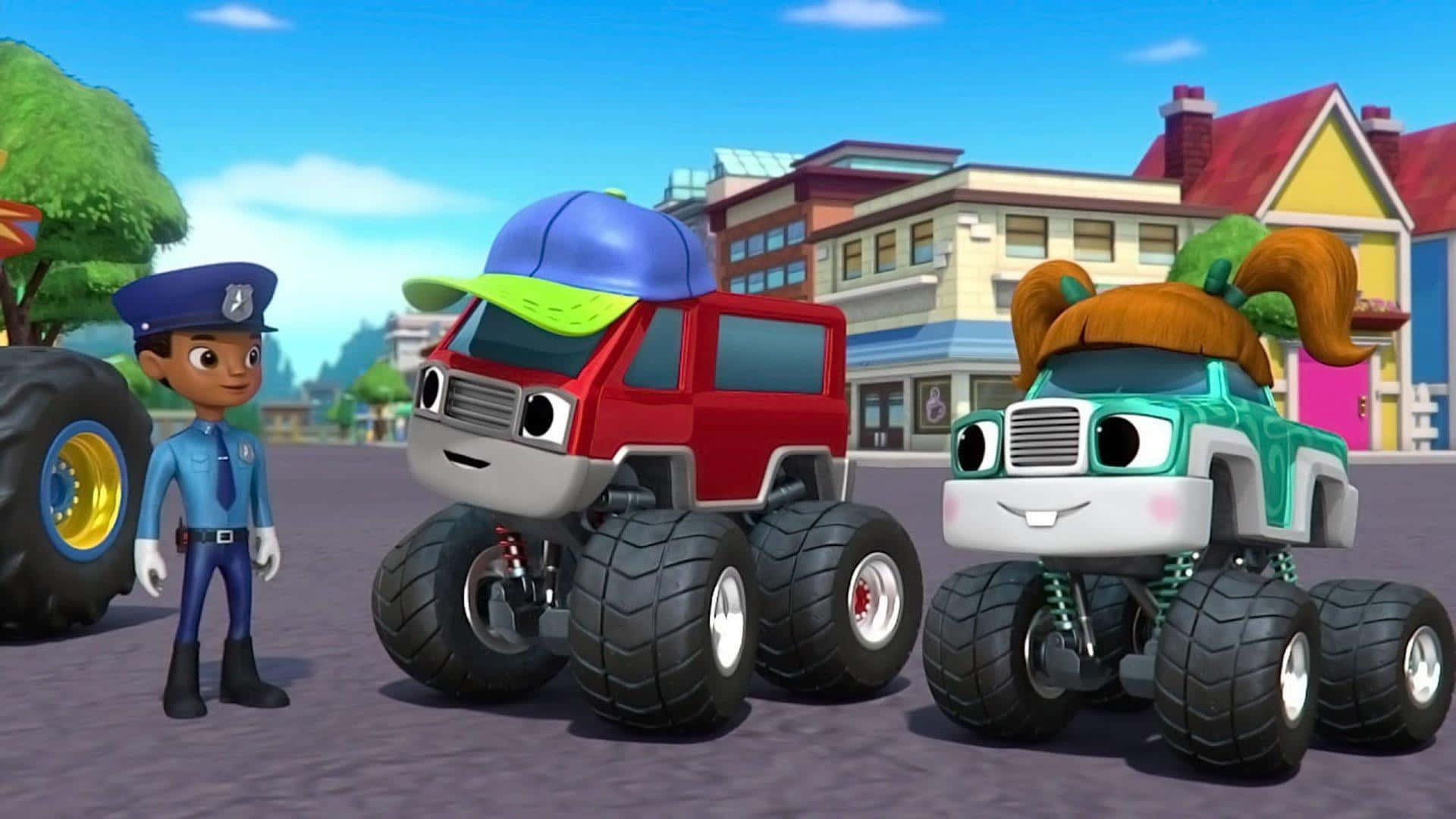 Blaze And The Monster Machines 桌布 壁紙 — 一位開心的卡通警察站在兩輛微笑的擬人化怪獸卡車旁邊，在一條色彩繽紛的城鎮街道上。