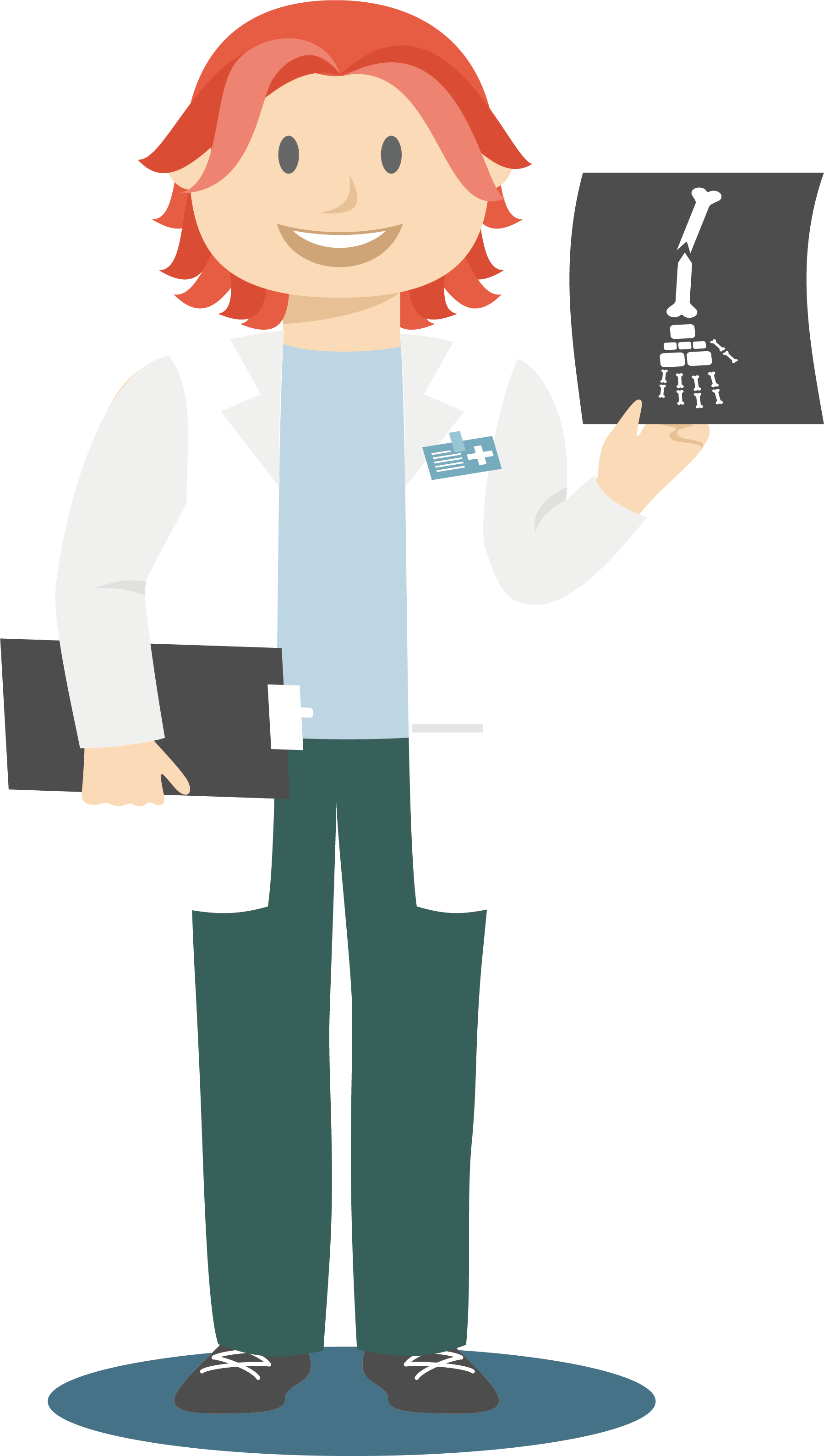 Physician 桌布 壁紙 — 一位開心的卡通醫生，紅頭髮，穿著白色實驗室外套，舉起一隻手的X光片。