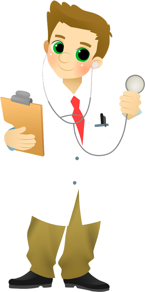 Physician 桌布 壁紙 — 一位開心的卡通醫生，綠色眼睛，在黑色背景前拿著聽診器和寫字板。