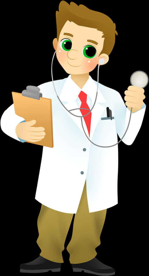 Healthcare 桌布 壁紙 — 一位開心的卡通醫生，綠色眼睛，在黑色背景前拿著聽診器和記事板。