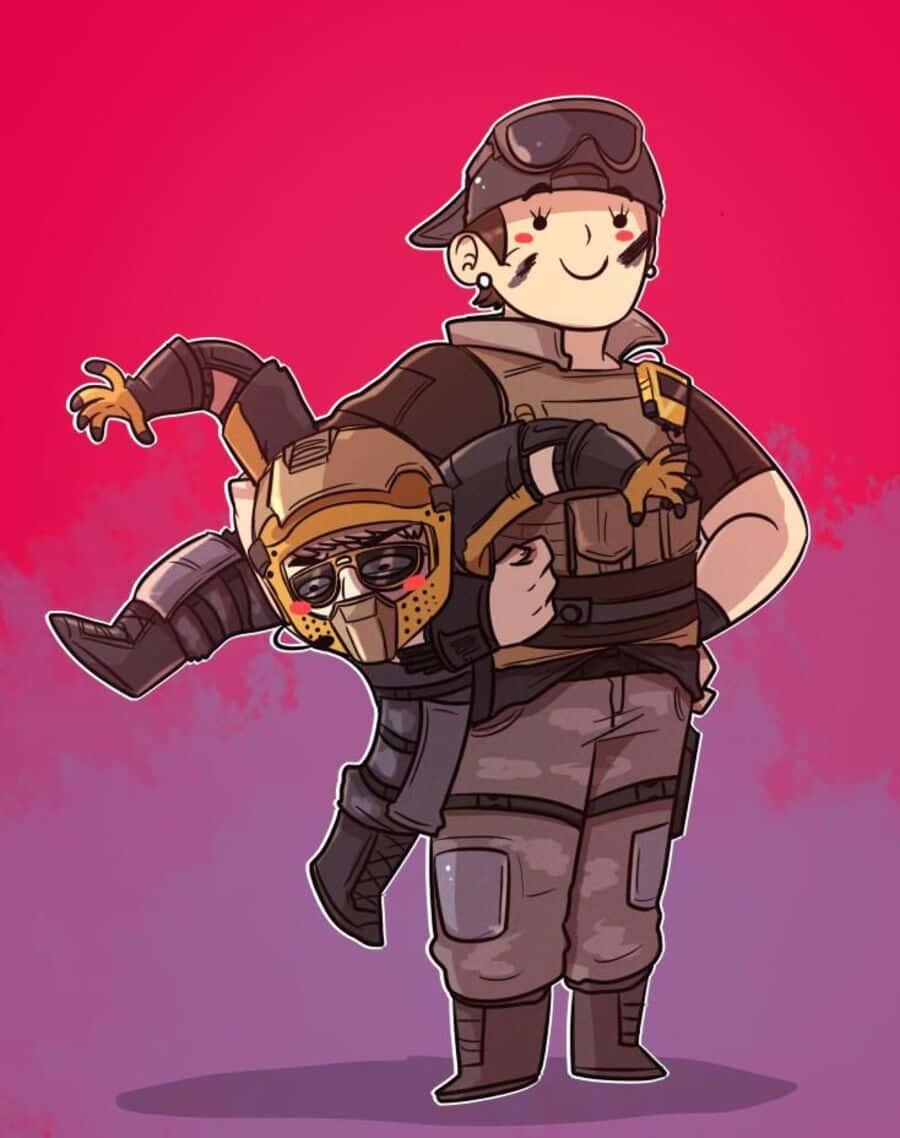 Rainbow Six Siege Mozzie 桌布 壁紙 — 一位開心的士兵揹著戴面具的戰友，背景是充滿活力的粉紅和紫色漸變。