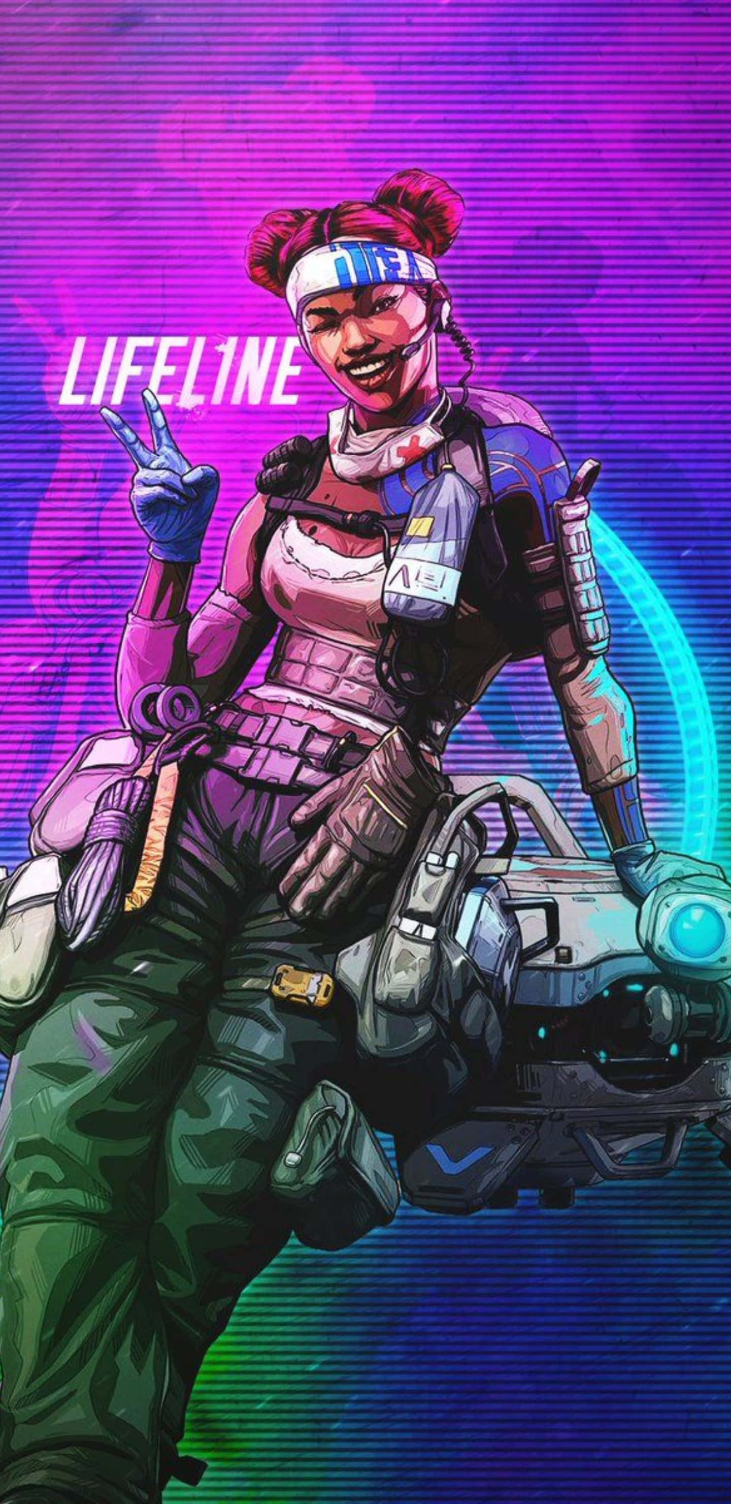 Pixel 3xl Apex Legends 桌布 壁紙 — 一位開心的女兵穿著未來裝備，微笑並比出和平手勢，手持發光武器，背景是充滿活力的紫色和藍色數位背景。