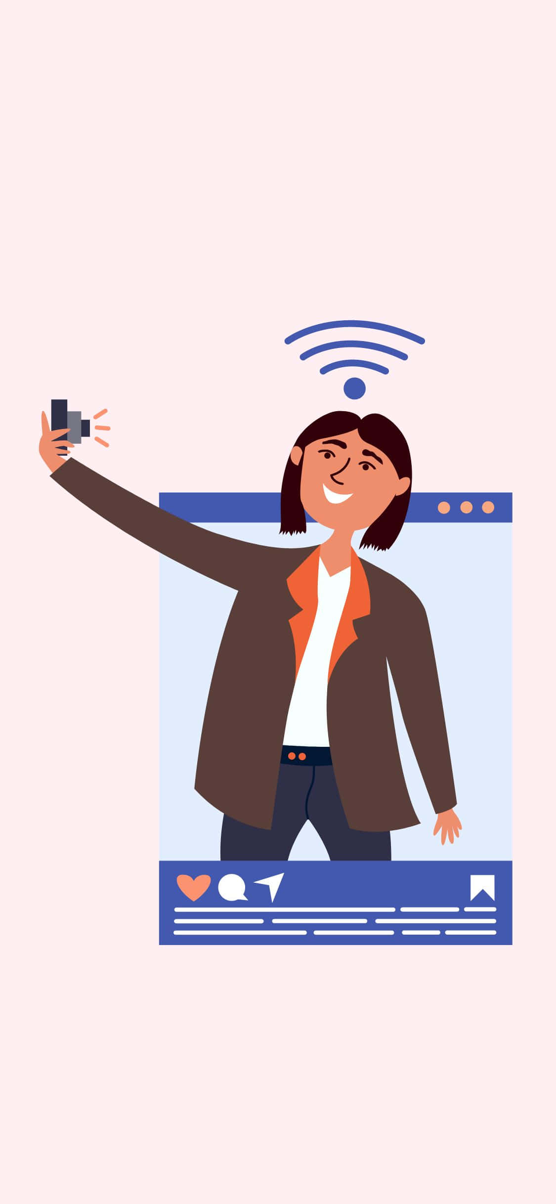 iPhone X Social 桌布 壁紙 — 一位開心的女士在社交媒體貼文框架內自拍，頭頂有Wi-Fi訊號圖示。