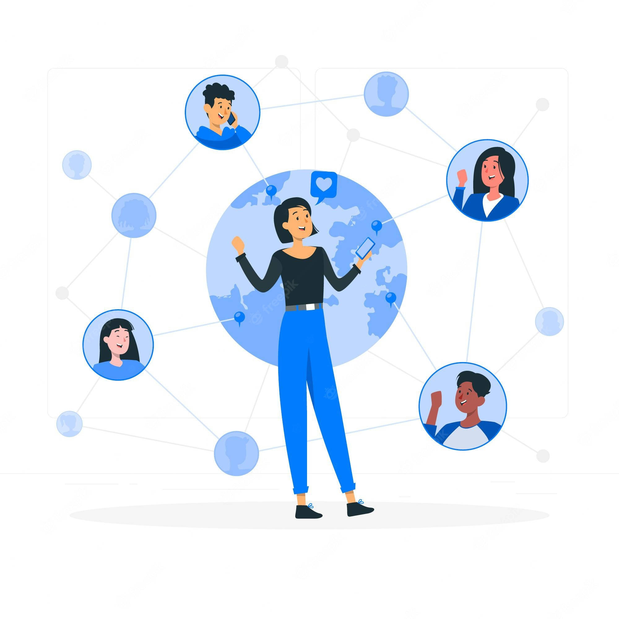 Teamwork 桌布 壁紙 — 一位開心的女士站在地球儀前，周圍環繞著連接的頭像，象徵全球數位通訊。